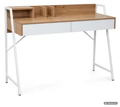 Zdjęcie produktu dla Biurko komputerowe ORIX Dąb Artisan 124 cm 2 szuflady 1 półka białe nogi styl industrialny 124x48x91,5 cm