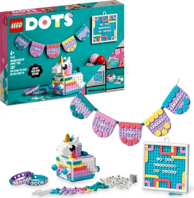 A LEGO DOTS Unicorn Creative Family Pack set is displayed, showing the box and the assembled products.
