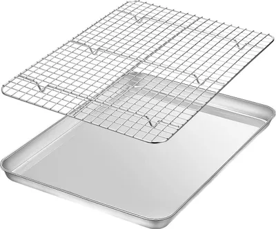 Produktbild von Backblech mit Abkühlgitter, Edelstahl Rechteckige Ofenblech Kuchenblech, 40,5x30,5x2,5cm, Groß Ofenblech mit Auskühlgitter für Backen, Braten und Kühlen, Spülmaschinenfest & Langlebig