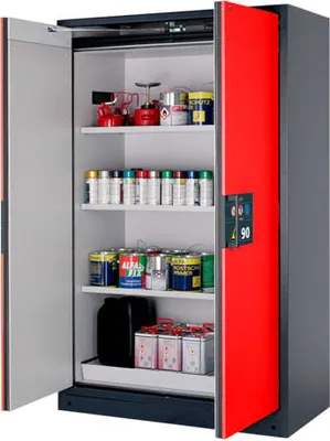 Produktbild von Gefahrstoffschrank - 1.953x1.193x615 mm - 3 Edelstahl-Fachböden - Lochblech - Front verkehrsrot