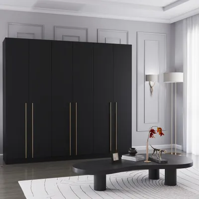 Drehtürenschrank sechstürig in Schwarz/Schwarz
Breite: 230 cm
Höhe: 210 cm
Tiefe: 57 cm