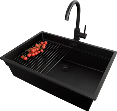 Produktbild von PRIMAGRAN Unterbauspüle Granit Alles Schwarz 66x47cm, Spülbecken 1 Becken + Ablauf-Set + Küchenzubehörset, Granitspüle ab 70er Unterschrank - Praga