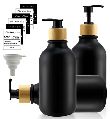 Image de Distributeur de savon noir mat en plastique, flacons de shampoing rechargeables, lot de 3, flacons à pompe de 500 ml avec autocollant et entonnoir pour la cuisine et la salle de bains