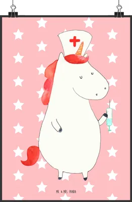 Produktbild von Mr. & Mrs. Panda Bild Einhorn Krankenschwester DIN A2 - Rot Pastell - Geschenk, Krankenpflegerin, Krankenpfleger, Kunstdruck, Wanddeko, Wandbild, Krankenhaus, Ärztin
