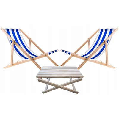 Produktbild von Set 2x Liegestühlen mit Couchtisch Tisch blau gestreift aus Holz