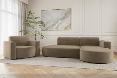 Productafbeelding van Bankstel, 2-delig: fauteuil en hoekbank, model PALMA XS, stof Noel, bruin. Ottomaan, rechts