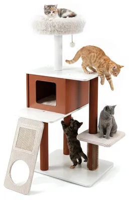 Productafbeelding van COSTWAY 130 cm kattenboom, moderne krabboom met krabpaal, borstelpaal, sisalmat, kattenhol, zitplaats en huisje, stabiele kattenmeubel, wit