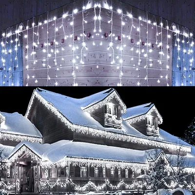 A collage showing icicle string lights on a wooden wall and on a snow-covered house.