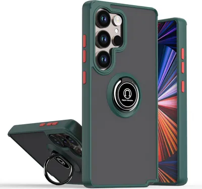 Immagine prodotto di Custodia per Samsung Galaxy S25 Ultra opaca traslucida in TPU con supporto ad anello e supporto verde scuro