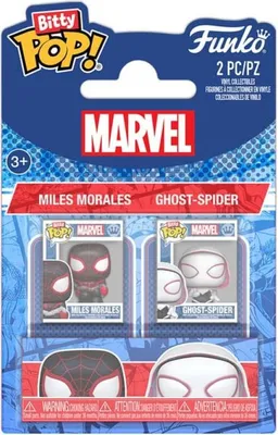 The image shows the packaging of a Funko Bitty Pop! Marvel set featuring Miles Morales and Ghost-Spider.