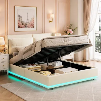 Immagine prodotto di Letto imbottito INONEFT, 160x200 cm, con contenitore e rete a doghe, letto a molle con LED, porta USB di tipo C e ricarica wireless, letto matrimoniale con spazio contenitivo, rivestito in velluto color beige