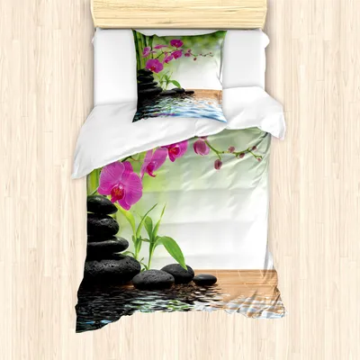Produktbild von ABAKUHAUS Spa Mantele, Bambus-Baum Orchid Steine, Milbensicher Allergiker geeignet mit Kissenbezügen, 135 cm x 200 cm - 80 x 80 cm, Koksgraue Lindgrün