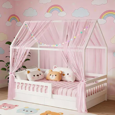 Productafbeelding van 2 stuks huisbedhemel voor kinderbed - 160 x 350 cm met gekleurde pomponslinger en bevestigingsbanden