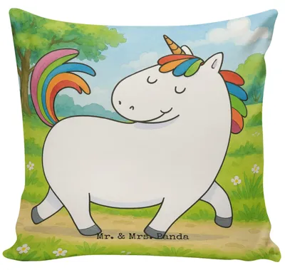 Produktbild von Mr. & Mrs. Panda Deko Kissen Einhorn Stolzieren Design - Weiß - Geschenk, kuschelkissen 40x40, Stolz, Einhörner, mikrofaser kopfkissen, Sofa, Dekokissen, Pferd, Reiten