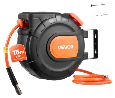 Obrázek produktu pro VEVOR naviják na vzduchovou hadici, 9,5 mm x 15 m PVC hadice, 20 bar, uzavřený naviják s automatickým navíjením a 1 m přívodním kabelem, 180° otočný držák na strop/stěnu