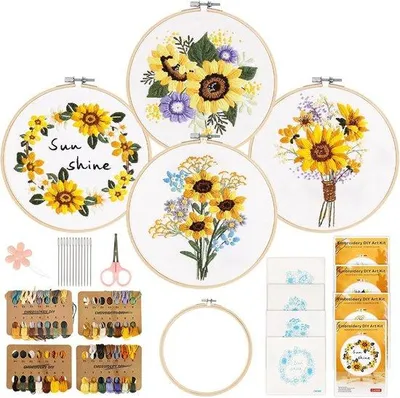 Produktbild von Joyeee Stickset für Erwachsene, Stickset für Anfänger, 4-teiliges Set mit Blumenmotiven, Pflanzen, Kreuzstich, Stickset