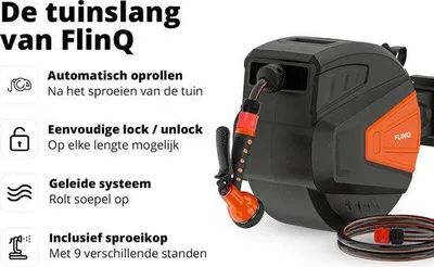 Produktbild von FlinQ Gartenschlauchrolle 10 Meter – Automatische Schlauchrolle – 180° drehbare Wandschlauchbox – Mit Gartenschlauch, Schlauchrolle und Sprühkopf – 9 Sprühfunktionen