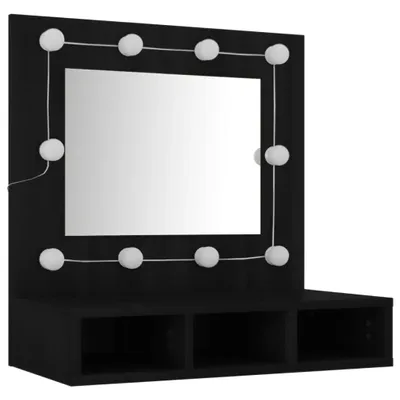 A black vanity mirror with lights and storage shelves.