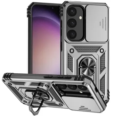 Obrázek produktu pro Pouzdro pro Samsung Galaxy S25 dvouvrstvé pouzdro s posuvným krytem kamery a prstencovým stojánkem Stříbro