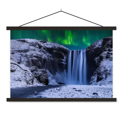 Produktbild von MuchoWow® Textilposter Nordlichter - Wasserfall - Schnee - Island 150x100 cm mit schwarzem Rahmen - Schlafzimmer
