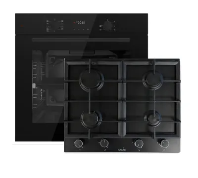 Produktbild von Böhme Einbaubackofen Schwarz Glas mit Heißluft, Timer, 1-fach Teleskopauszug HB60F78PPB+ Gasline Einbau Gaskochfeld,4 flammig, GAG60INB