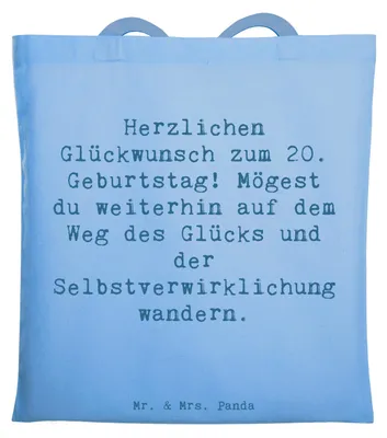 Produktbild von Mr. & Mrs. Panda Einkaufstüte Spruch 20. Geburtstag Glückspfad - Sky Blue - Geschenk, Happy Birthday, Tote Bag, Stoffbeutel, Hoffnung, Laptoptasche, besondere Momente