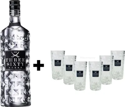 Produktbild von Three Sixty Set Geschenkset ? Three Sixty Vodka Wodka 1L 1000ml (37,5% Vol) + 6x Shotgläser Glas 2 und 4cl geeicht- [Enthält Sulfite]