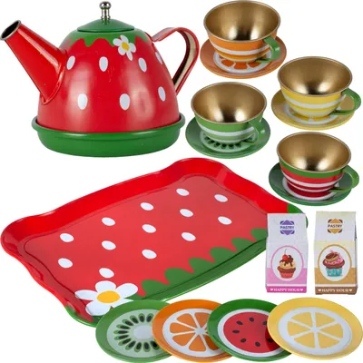 Immagine prodotto di Malplay set da tè set da caffè set di stoviglie in metallo grande aggiunta per la cucina dei bambini 16 pezzi set da tè piatti tazze vassoio per bambini dai 3 anni in su