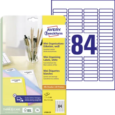 Produktbild von Avery Zweckform L7656-25 Mini-Organisations-Etiketten, A4, 46 x 11,1 mm, 25 Bogen/2.100 Etiketten, weiß
