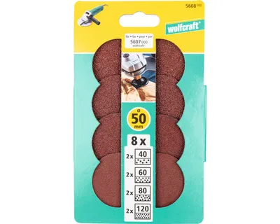 Productafbeelding van wolfcraft GmbH 5608000, schuurschijf, geschikt voor metaal en hout, wolfcraft GmbH, 5 cm, korrelgrootte 40 / 60 / 80 / 120, 8 stuks