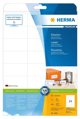 Obrázok produktu pre HERMA 4360, Biela, Samolepiaci štítok, A4, Papája, Laserový, Permanentný