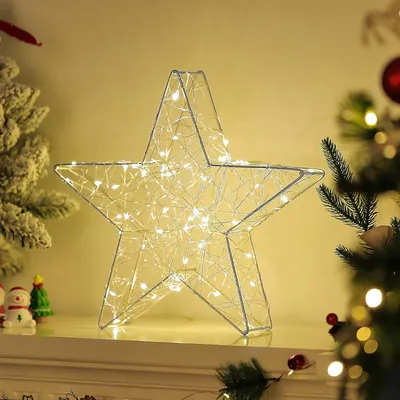 Produktbild von LED Stern Tischlampe, 33cm Stimmungslicht Batteriebetrieb/USB-betrieben Nachttischlampe Tischdeko, Warmweiß Weihnachtsbeleuchtung Weihnachtsdeko, Silber