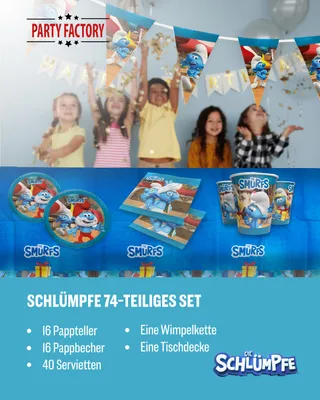 Produktbild von Die Schlümpfe 74-tlg. Party Set – Deko mit Tischdecke Wimpel Servietten