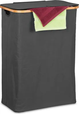 Produktbild von Relaxdays Wäschekorb mit Deckel, 105 l, Wäschesammler, Bambus & Polyester, faltbar, tragbar, Wäschekiste, schwarz/natur