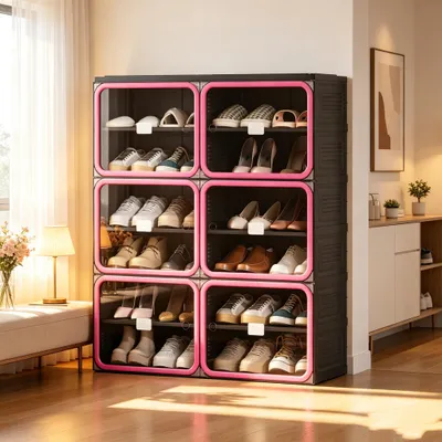 Imagen del producto de Armario para zapatos INONEFT con puertas, zapatero, 6 compartimentos, cierre magnético, diseño plegable, estante superior, 85x34x104 cm, color