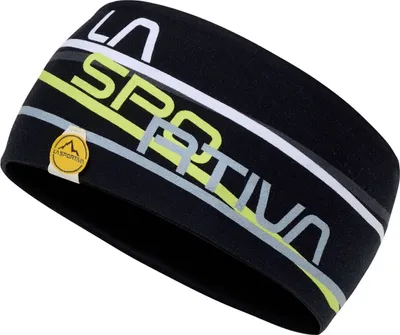 Schwarzes Stirnband mit grauen und gelben Streifen; Marke La Sportiva; Modell Stripe Headband.