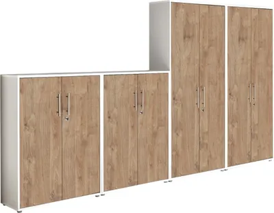 Produktbild von Aktenschrank TABOR 54 in weiß / Gold Harbor Oak, Schrankwand, Büroschrank, abschließbar, Metallgriffe