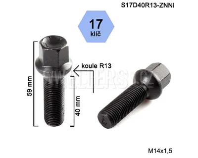Obrázek produktu pro Kolový šroub M14x1,5x40 koule R13, klíč 17, S17D40R13-ZNNI, černý, výška 59