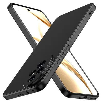 A black smartphone case is shown from multiple angles, leaning against a blurred background with golden streaks.