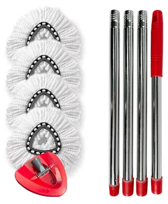 A set of mop heads, mop head base, and handle pieces are laid out on a white background.