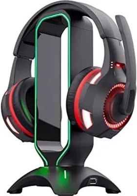 Produktbild von Büro Gaming Zubehör - RGB-Headsethalter, 2 USB-Anschlüsse, Kopfhörerhalter mit LED-Beleuchtung, Anti-Slip-Füßen, universeller Entwurf - Schwarz