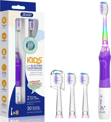 Produktbild von Elektrische Kinderzahnbürste 3-12 Jahre LED Licht Smart Timer 24000 VPM IPX7 Schallzahnbürste mit 4 Bürstenköpfen weiche Borsten Batteriebetrieb