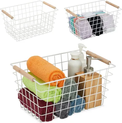 Image de Panier en fil métallique Relaxdays, lot de 3, métal, poignées en bois, H x l x P : 16 x 31 x 21 cm, panier de rangement carré, salle de bains et cuisine, blanc