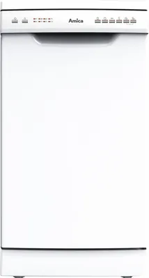 A white Amica dishwasher is shown from the front against a white background.