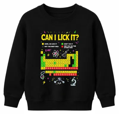 Obrázek produktu pro Tričko s potiskem "Can I Lick It Science Chemistry Periodic Sarkasmus", černá barva, velikost 140