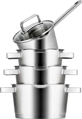 Obrázek produktu pro Sada hrnců Sola Diamond, 4 díly – nerezová ocel – vhodná pro downdraft – hrnce Ø 16, 18, 20 cm a kastrol Ø 16 cm – vhodná pro všechny typy sporáků