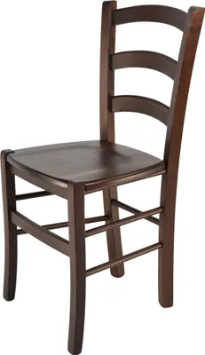 A wooden chair with a ladder back design.