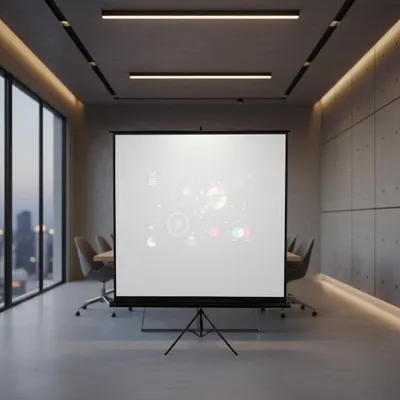 A projection screen on a tripod in a modern conference room.