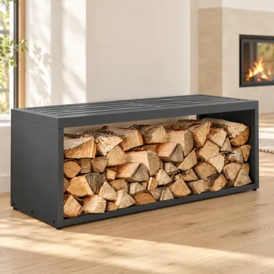 Produktbild von HAGO24 Feuerholzregal mit Sitzbank Anthrazit RAL 7016 verzinkter Stahl Kaminholzregal Brennholzregal Holzlager integrierte Sitzbank Kunststoff-Sitzfläche bis zu 220 kg belastbar