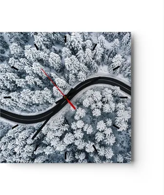 Produktbild von Wanduhr - Quadrat - Glasuhr - Wald Winter Straße - 30x30cm - Schleichendes Uhrwerk - Lautlos - zum Aufhängen bereit - Dekoration Modern - Wanddekoration aus Glas - C3AC30x30-5010